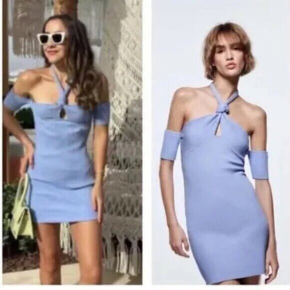 Zara Women’s Skyblue Halter Knot Ribbed Mini Dress Size Large - Picture 1 of 6